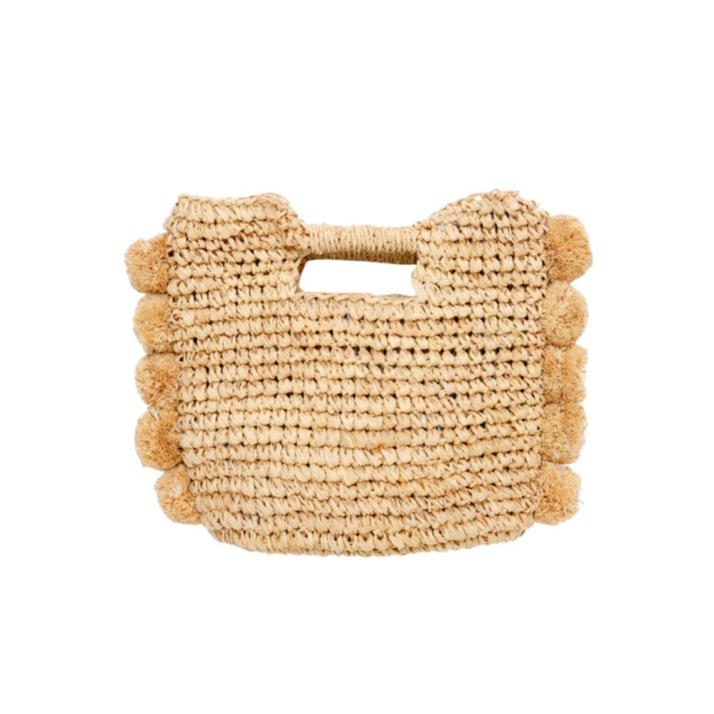Buji Baja Straw Tote Shoulder Crossbody Bag Purse Womens Tan Beige Straw Pom Pom